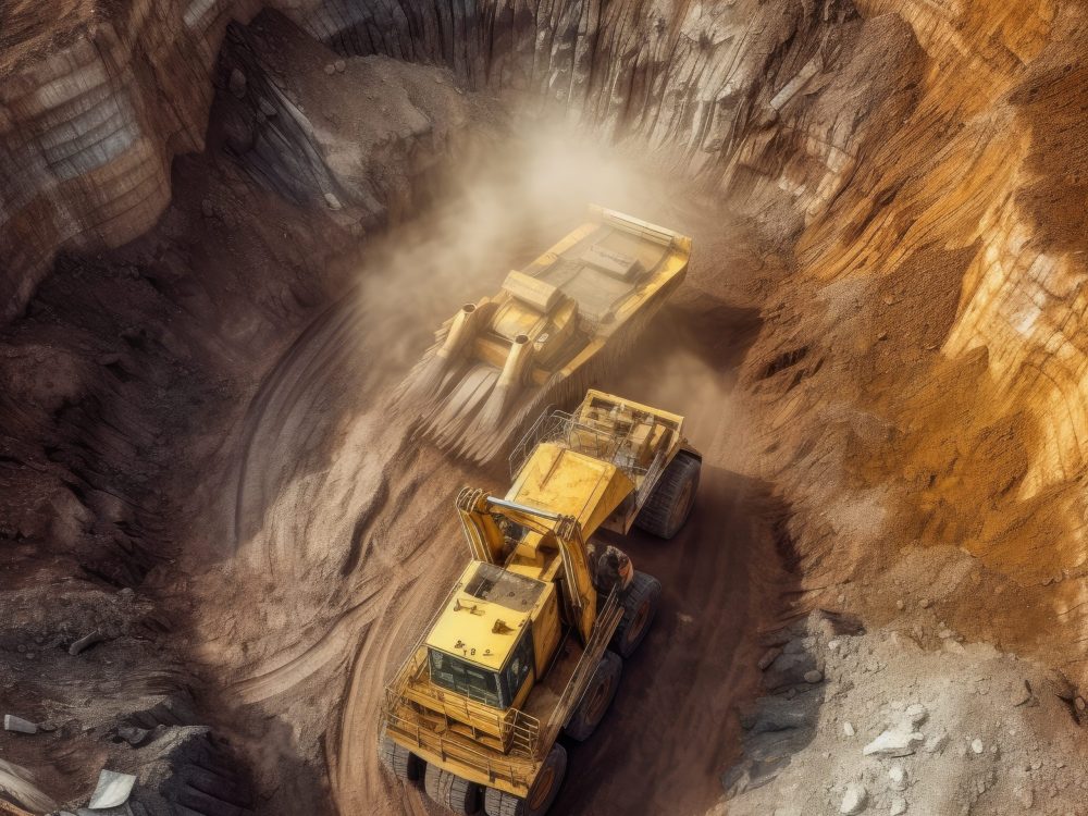 Coal mining at an open pit. Large quarry dump truck. Big yellow mining truck. generative ai